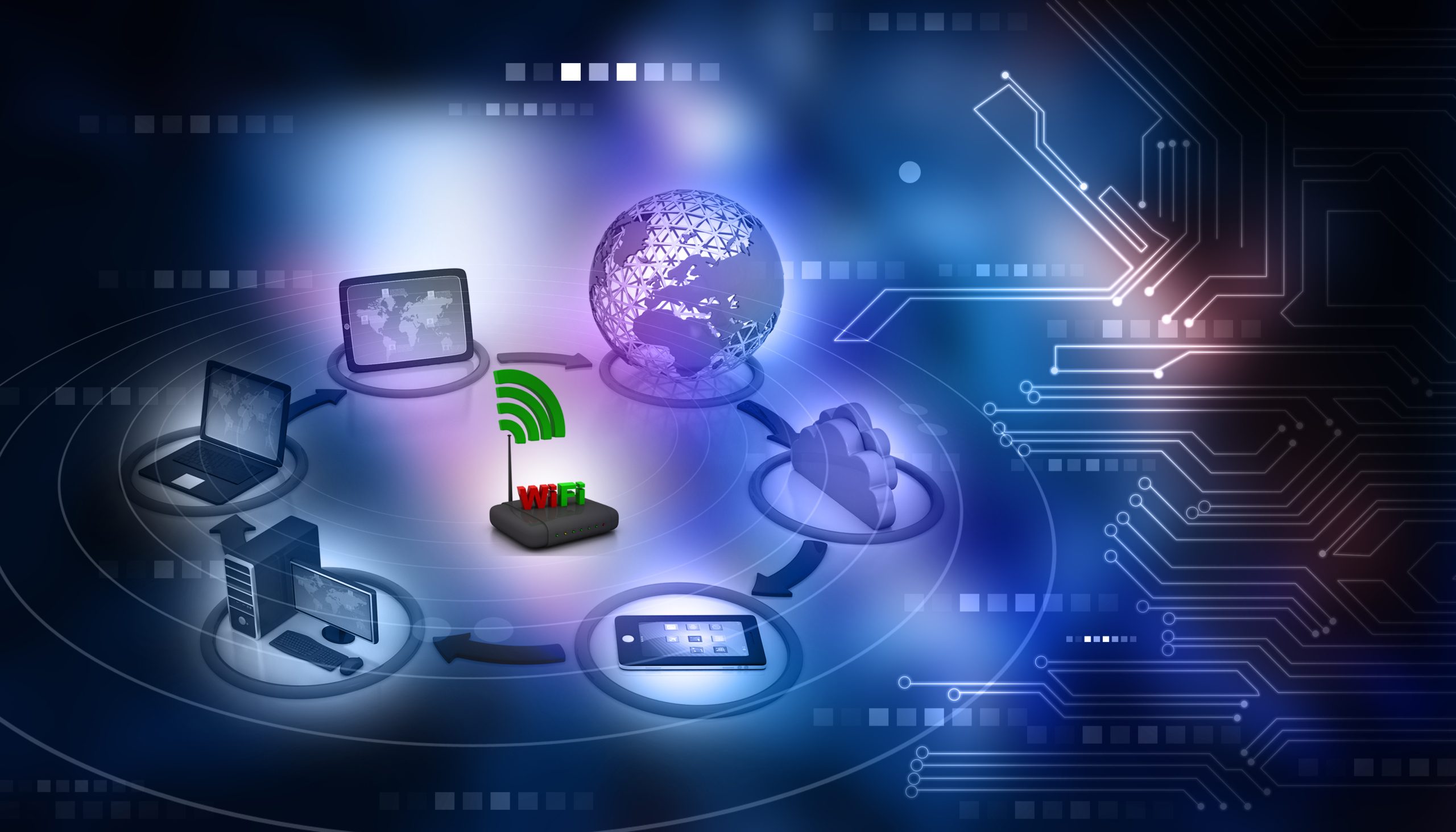 Seamless Network Connectivity and IT Solutions Illustration of devices connected through Wi-Fi and the cloud, representing network connectivity and IT support services.