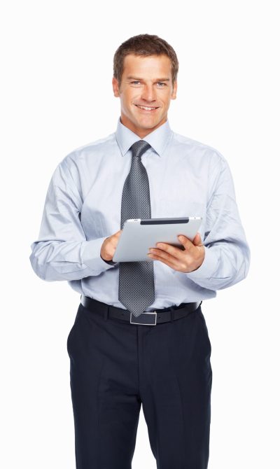 Business Professional with Tablet - Technology and Expertise Professional man in a business suit holding a tablet, representing expertise in technology and customer service.