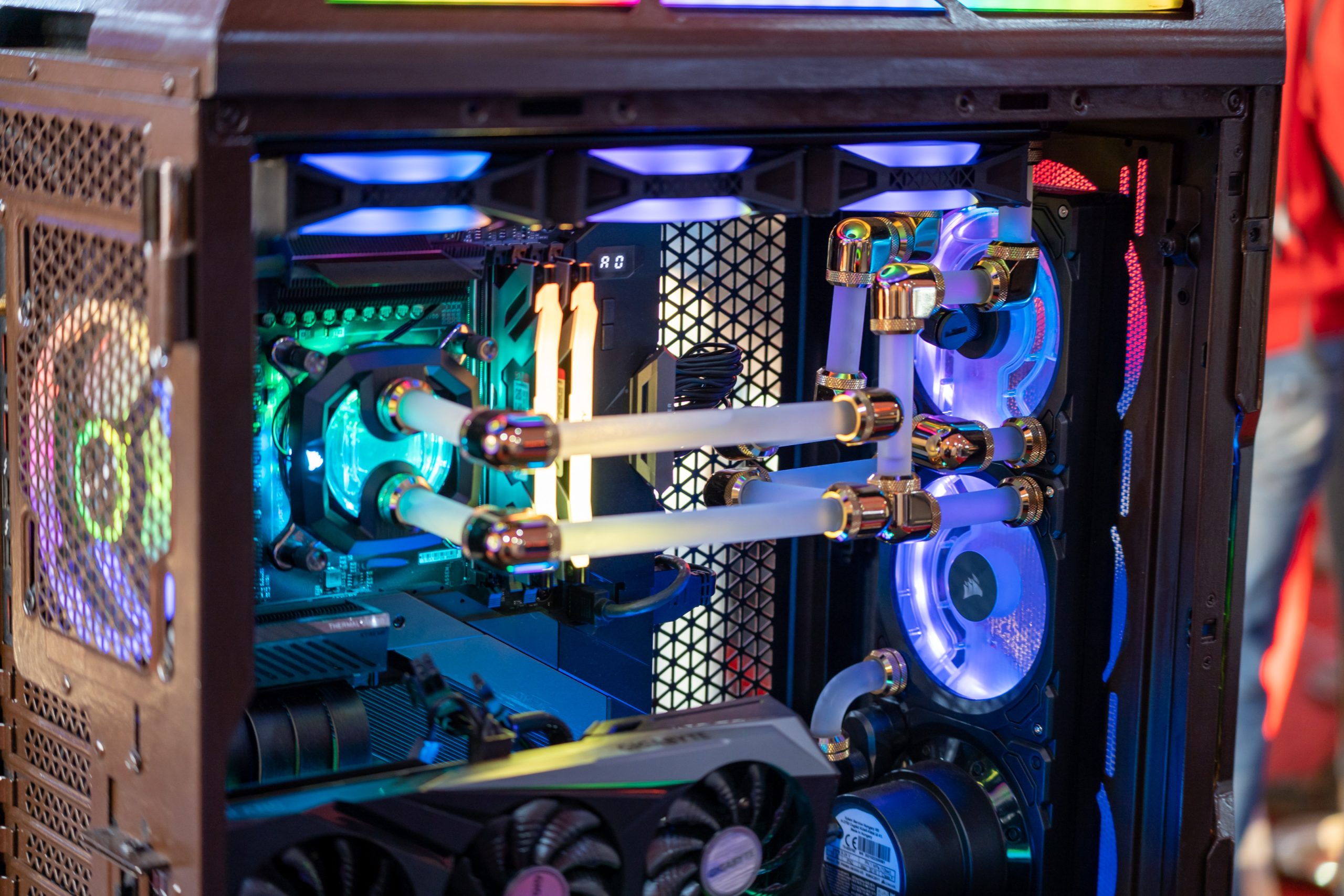 Custom PC with Advanced Water Cooling Setup Custom-built PC featuring advanced water cooling and RGB lighting for optimized performance.