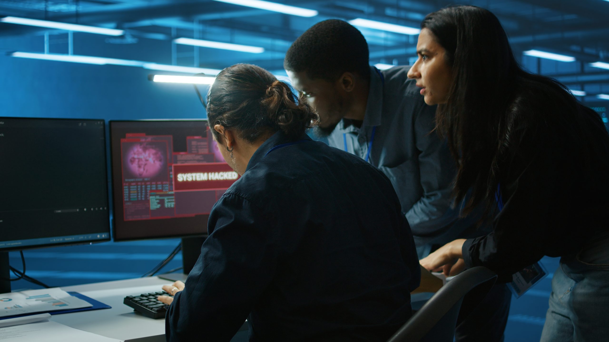 Cybersecurity Team Responding to System Hack Team of IT professionals analyzing a system hack on a computer screen, addressing cybersecurity threats and breach recovery.
