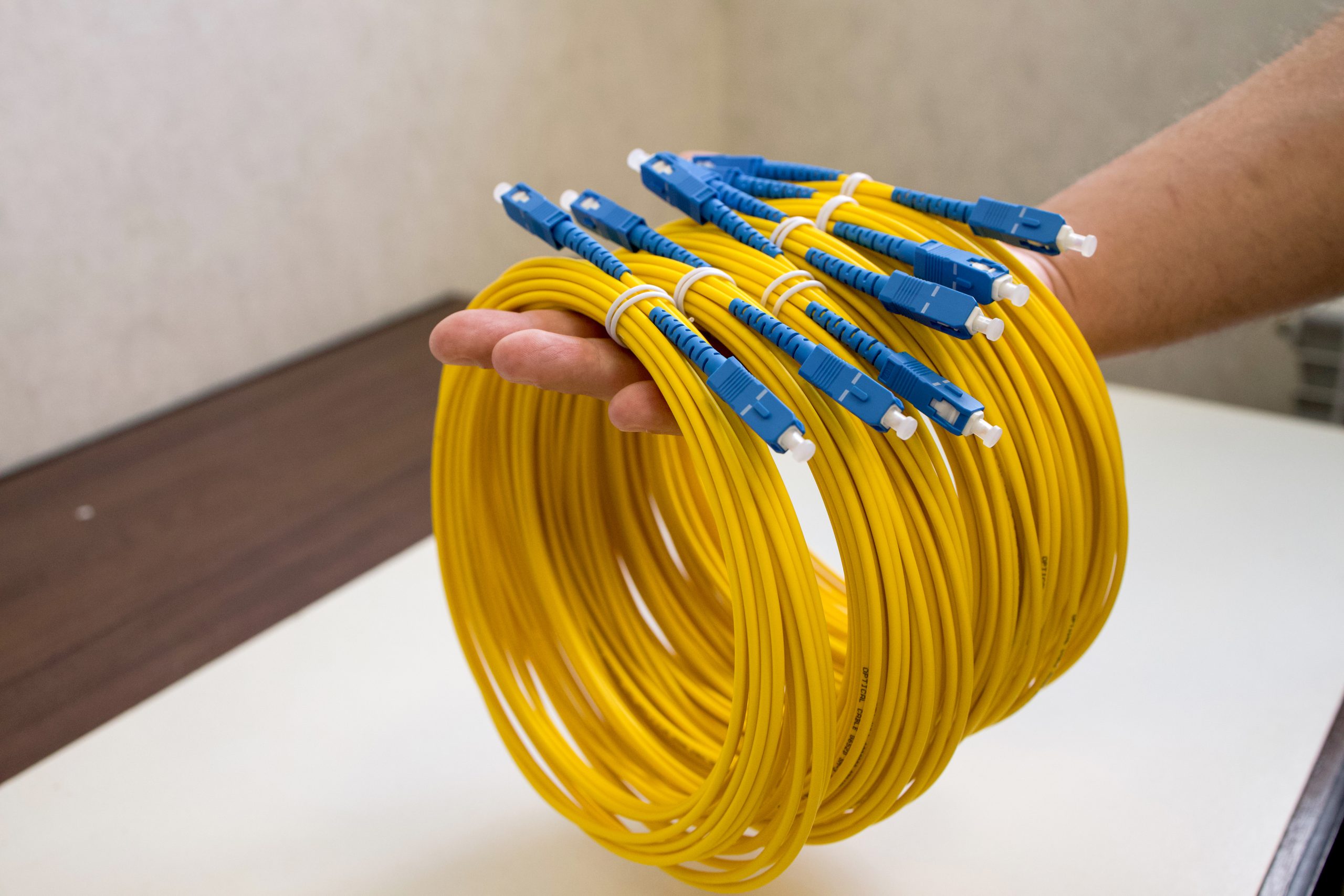 Bundled Fiber Optic Cables for Network Installation A hand holding neatly bundled yellow fiber optic cables with blue connectors, ready for network installation