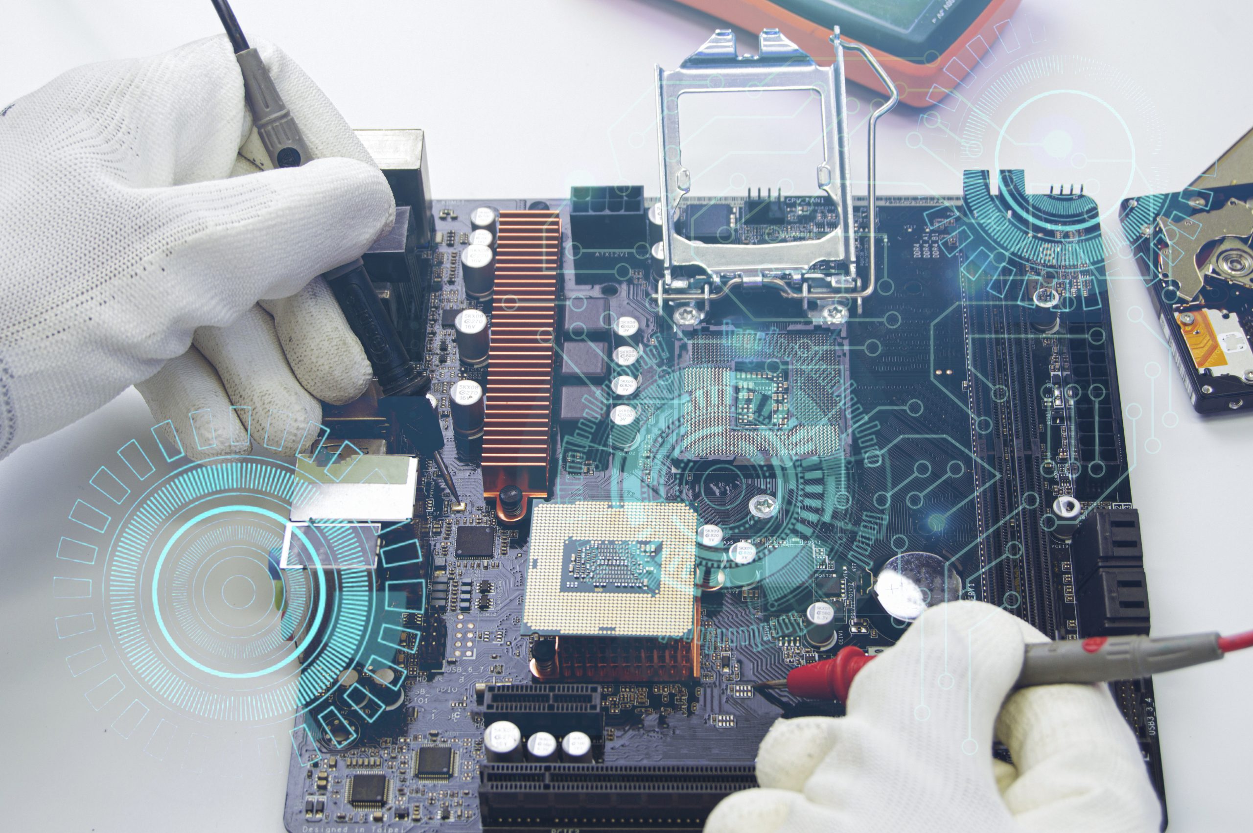 Advanced Motherboard Diagnostics and Testing Technician testing a motherboard with advanced diagnostic tools and holographic visuals.